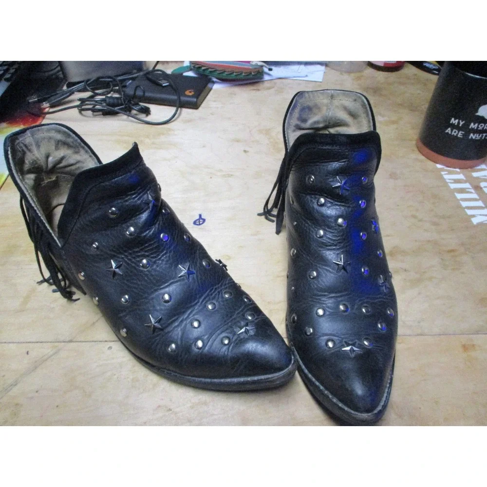 Black‎ Leather Star Studded Pointed Toe Ankle Boots Leopard Print Lining Womens